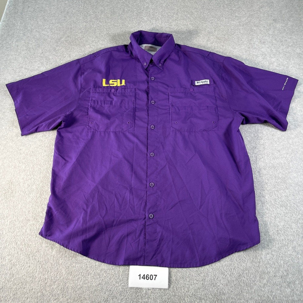 LSU Tigers Shirt Men XL Purple Columbia PFG Omni-Shade Football NCAA Button Down